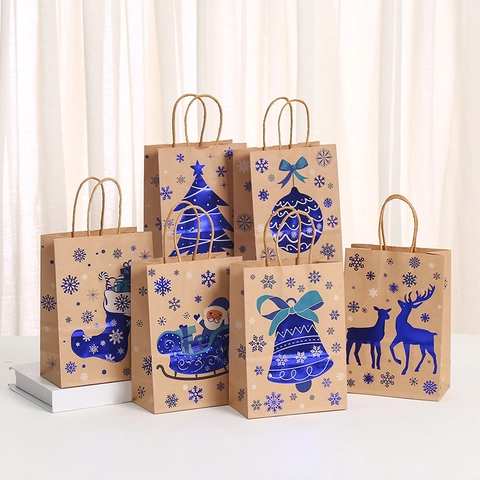 Christmas Kraft Paper Gift Bags With Blue Foil Stamping Patterns Holiday Snowflake Handle Party Favor Bags For Candy Cookies