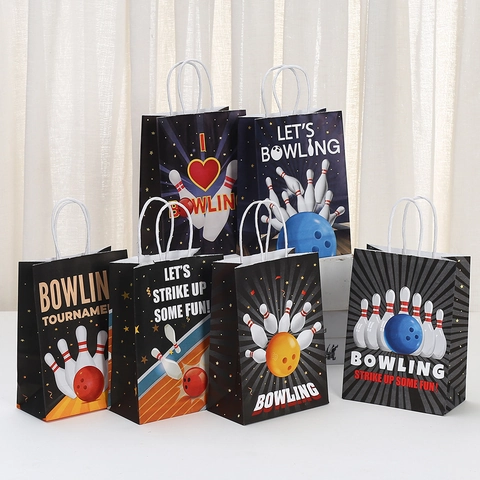 Bowling Theme Kraft Paper Gift Bags With Handles For Kids Birthday Party Favors Sports Tournament Goodie Wrapping Bags