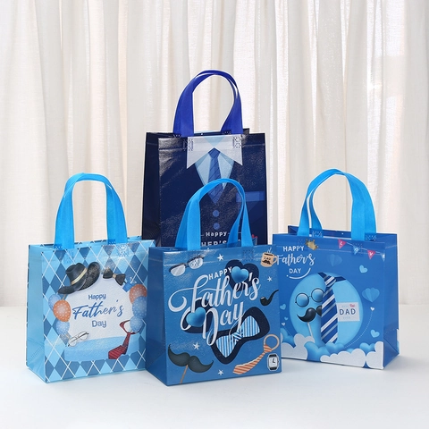 Waterdichte Gelamineerde Niet-Geweven Cadeauzak Voor Vaderdag Blauw Patroon Draagtas Voor Feest Cadeauverpakking Best Dad Ever Tas