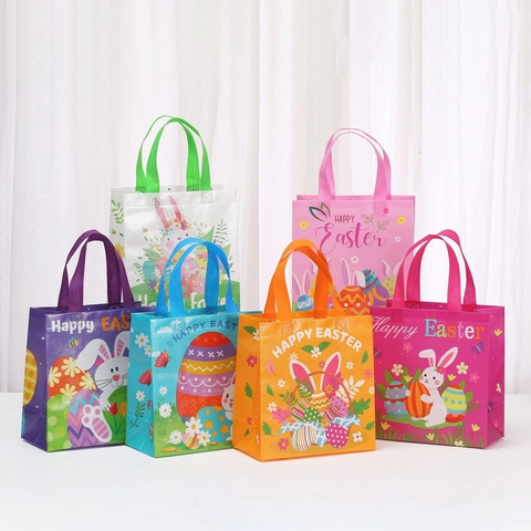 Laminated Non-woven Easter Gift Bag With Bunny Egg Print Happy Easter Tote Bag For Shopping Party Favors Wrapping Bags