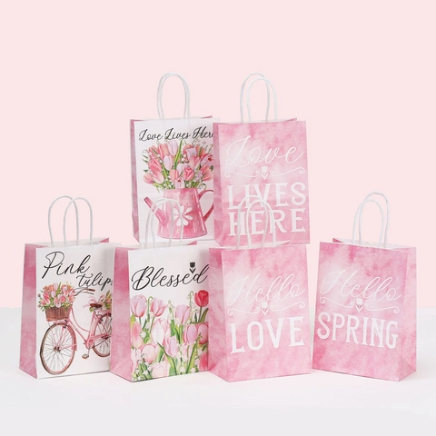 Sacchetti Regalo in Carta Kraft Floreali Con Manici Sacchetti di Imballaggio Stampati a Tulipano Rosa per Festa Matrimonio