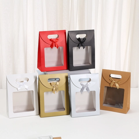 Elegante Sacchetto Regalo in Cartone Con Fiocco in Satin e Finestra Trasparente Borsa da Imballaggio Portatile Minimalista Moderna per Feste di Matrimonio