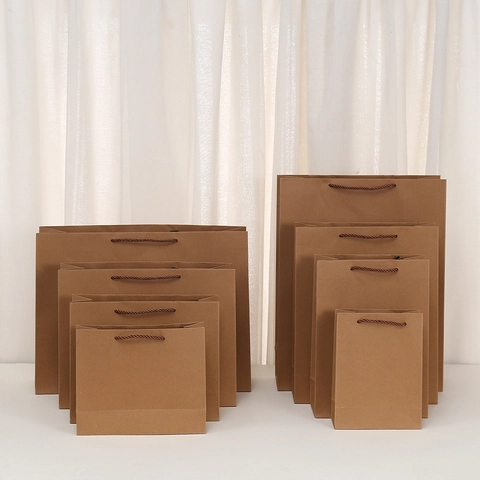 Kraft Paper Gift Bags With Woven Handles Minimalist Brown Shopping Bags For Clothing Takeout Packaging Holiday Favor Bags
