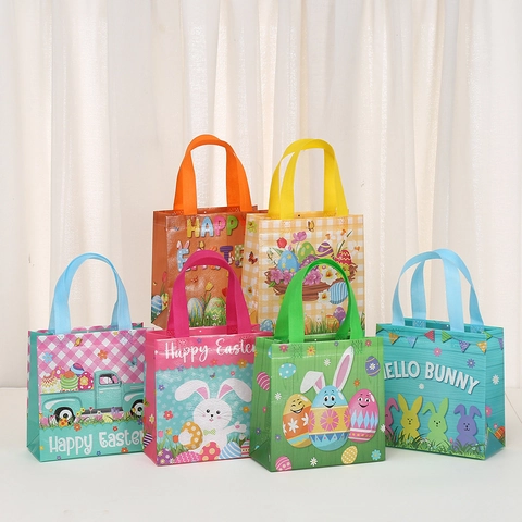 Easter Non-Woven Gift Bags With Handles Waterproof Laminated Party Favor Bags Rabbit Egg Pattern Holiday Shopping Bag