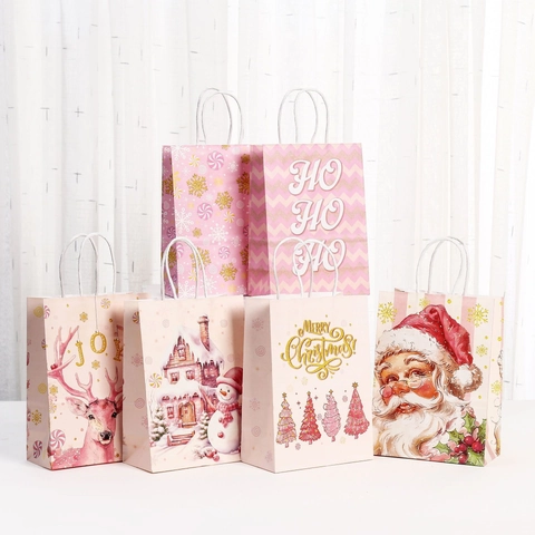 Pink Christmas Kraft Paper Gift Bags Santa Snowman Reindeer Pattern Handheld Holiday Party Favor Candy Packaging Bag