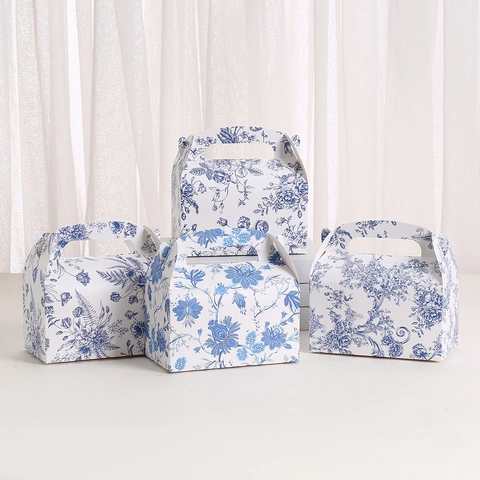 Blau und Weiß Blumenmuster Papier Geschenkbox Tragbare Kartonverpackung Für Geburtstag Hochzeit Party Backen Süßigkeiten Schachteln