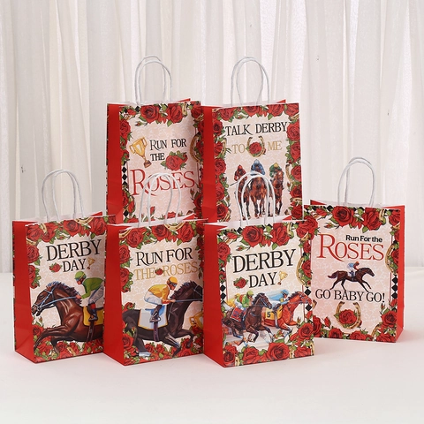 Derby Day Horse Racing Paper Gift Bags Red Rose Floral Pattern Party Favor Bags With Handles For Gift Wrapping Events