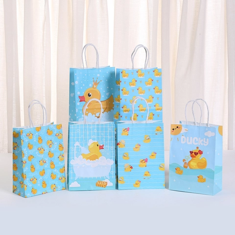 Little Yellow Duck Kraft Paper Gift Bag With Handle Cartoon Duck Blue Gift Wrapping Bag For Kids Party Birthday Shopping Bag
