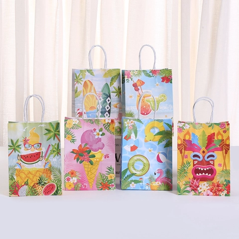 Sacchetti Regalo in Carta per Festa Luau Estiva Con Manici Motivo Tropicale Fenicottero Ananas Tiki Carta Kraft