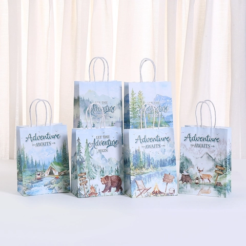 Sacchetti Regalo in Carta Kraft a Tema Avventura nella Foresta Con Manici Stampa Foresta Animali Cartoni Animati per Bomboniere Festa di Compleanno Sacchetti per Imballaggio Eventi in Campeggio