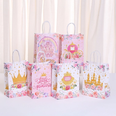 Princess Castle Crown Pumpkin Carriage Kraft Paper Gift Bag Sweet Cartoon Floral Pattern Party Favor Bag For Birthday Kids Girls