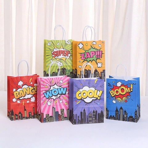 Superhelden Thema Comic Pop Art Papier Geschenktüten Mit Griffen Kinder Geburtstag Party Mitgebsel Candy Snack Stadt Skyline Tüte