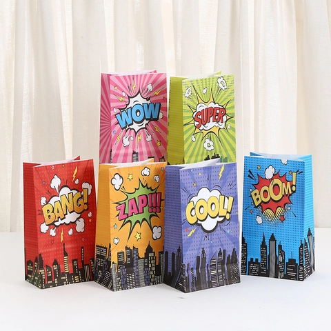 Pop Art Comic Stil Kraftpapier Geschenktüten Mit WOW SUPER BANG COOL Drucken Für Geburtstagsfeier Feier Geschenke