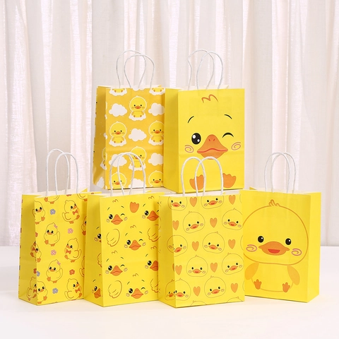 Cute Cartoon Little Yellow Duck Kraft Paper Gift Bag With Handle For Kids Birthday Party Favors Packaging Handheld Goodie Bag