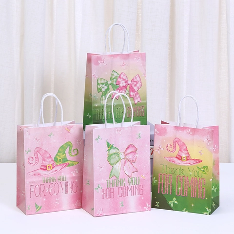 Bolsa de Regalo de Papel Kraft Con Estampado de Bruja Rosa Dibujos Animados Con Asa Tema Fantasía Embalaje Dulces Halloween