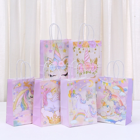 Unicorn Kraft Paper Gift Bags With Handles For Birthday Party Kids Girls Purple Pastel Dreamy Cartoon Goodie Treat Packaging