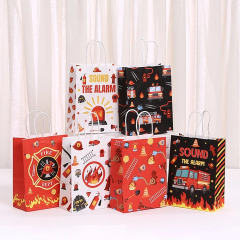 Sacchetti Regalo in Carta Kraft a Tema Vigile del Fuoco Con Manici Con Stampa di Camion dei Pompieri per Feste di Compleanno Bambini
