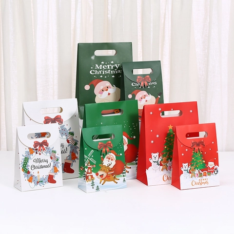 Christmas Cartoon Gift Paper Bag With Bow Santa Reindeer Snowman Pattern Handbag Holiday Party Candy Packing Bag