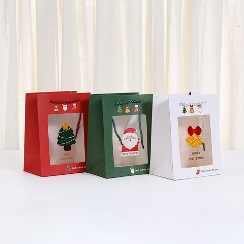 Christmas Gift Paper Bags With Clear Window Cartoon Santa Claus Tree Pattern Portable Shopping Bags For Holiday Party Favors Treats