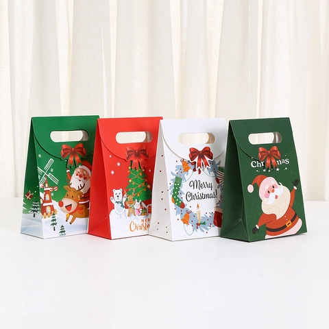 Christmas Cartoon Gift Paper Bag With Bow Santa Reindeer Snowman Pattern Handbag Holiday Party Candy Packing Bag
