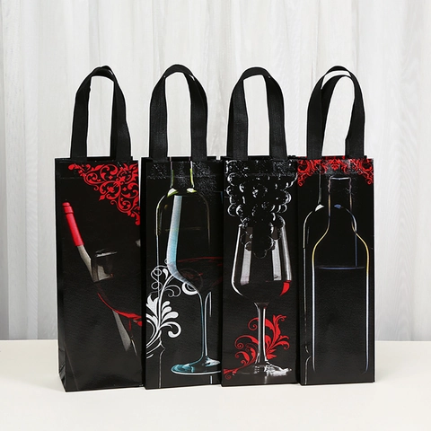 Black Non-Woven Wine Gift Bag Portable Wine Bottle Packaging Bag Artistic Wine Glass Printing Reusable Shopping Tote Bag