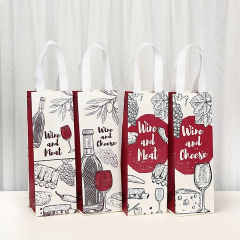 Non-woven Portable Wine Gift Bag Single Bottle Packaging Bag With Hand-drawn Illustration For Wedding Party Festival