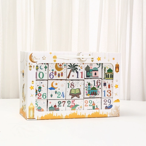 Eid Mubarak Ramadan Countdown Gift Boxes White Cardboard Square Candy Cake Packaging Bag Mosque Moon Pattern Islamic Party Favor