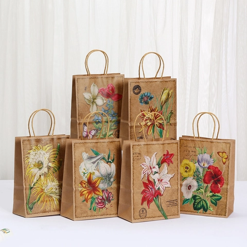 Vintage Kraftpapier Blumen Geschenktüten Mit Kordelgriffen Retro Blumenmuster Verpackungstüten Für Party Hochzeit Jubiläum