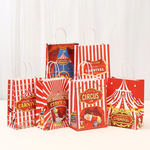 Zirkus Thema Kraftpapier Geschenktüten Karneval Rot Weiß Gestreift Cartoon Tiere Muster Handtasche Für Geburtstag Party