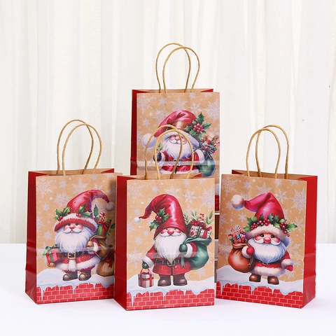 Christmas Cartoon Print Kraft Paper Gift Bags With Handles Santa Claus Gnome Holiday Wrapping Bags For Party Packing