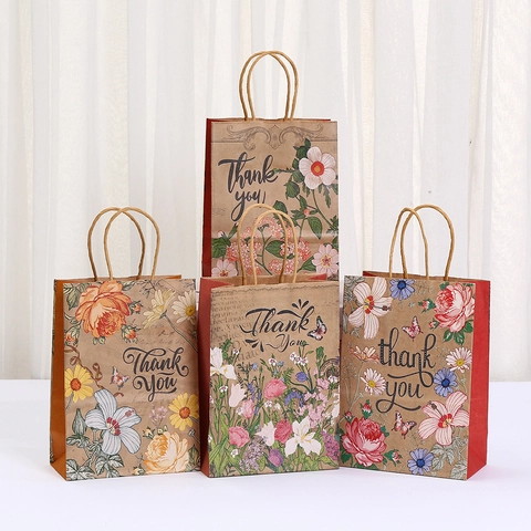 Bolsas de Regalo de Papel Kraft Vintage Con Asas Estampado Floral Patrón Thank You Bolsas de Embalaje para Cumpleaños Boda Fiesta