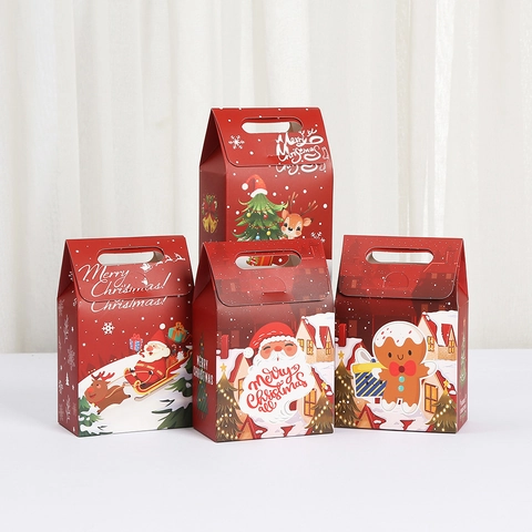 Weihnachten Cartoon Druck Rot Pappe Geschenkbox Tragbare Handheld Kuchen Süßigkeiten Verpackung Box Heißprägen Festlich