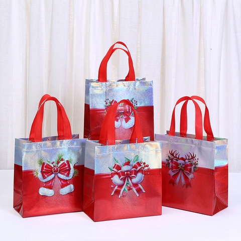 Kerst Cadeautas Laser Niet-geweven Stof Handtas Met Strik Eland Patroon Feestelijke Cadeauverpakking Boodschappentas