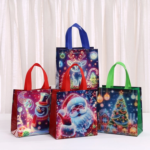 Sacchetti Regalo in Tessuto Non Tessuto con Stampa Neon Natalizia Renna Babbo Natale Pupazzo di Neve Borse per Feste