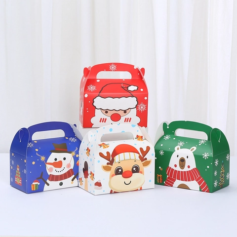 Scatola Regalo di Natale in Carta Kraft Festiva Portatile Stampata a Cartoni Animati per Caramelle Dessert Con Manico Articoli per Feste