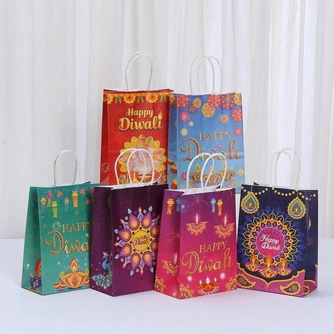 Diwali Kraftpapier Geschenktüten Happy Diwali Muster Mandala Diyas Griff Shopping Verpackung Party Favor Taschen Für Festival Feier