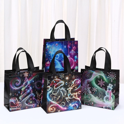 Weihnachten Vliesstoff Geschenktüten Neon Linien Druck Wiederverwendbare Einkaufstasche Tragbare Party Favoriten Tasche Mit Griff Festlich