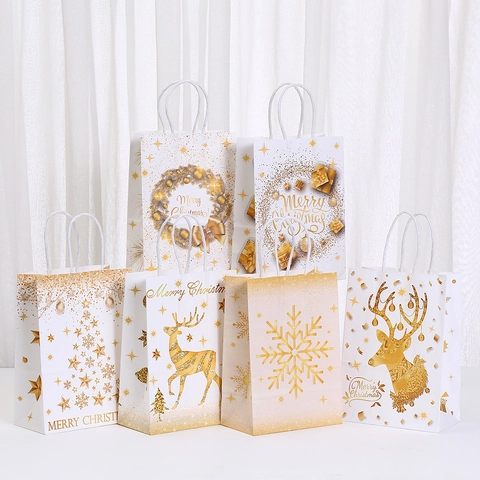 Sacchetto Regalo in Carta Kraft di Natale Bianco Oro Con Manico Renna Dorata Fiocco di Neve Stella Albero Per Festa