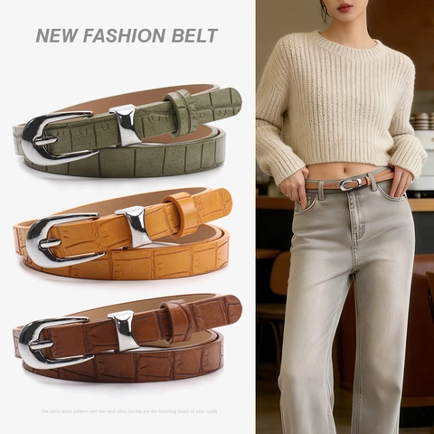 Cintura Sottile da Donna Chic con Motivo Coccodrillo Cinturino in Pelle PU Vintage con Fibbia in Lega per Jeans Vestito