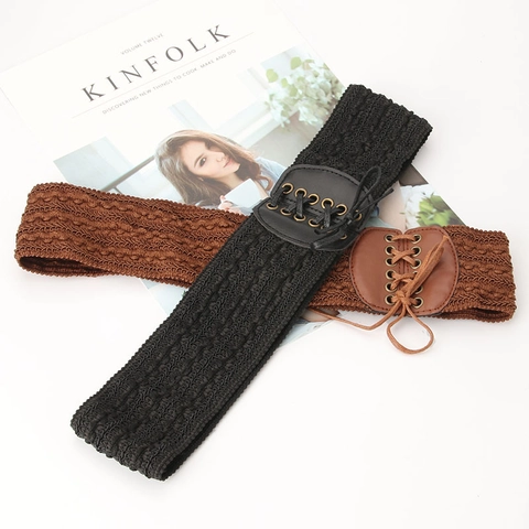 Cintura a Corsetto Elastica da Donna Vintage Stringata Fascia Larga Alta Elasticità in Pelle PU per Abiti Nero Cammello