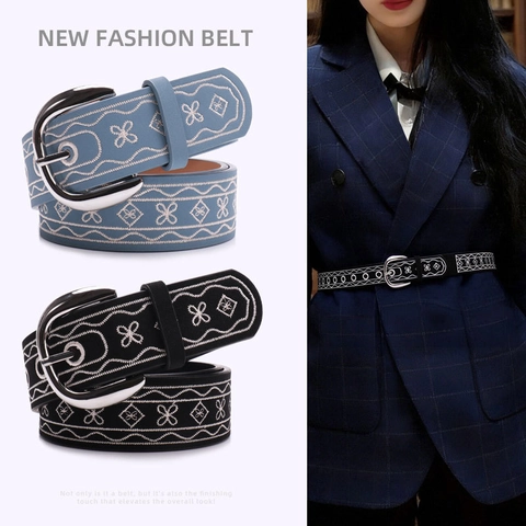 Vintage Stickerei Muster PU Leder Gürtel Für Damen Mode Legierung Schnalle Taillengürtel Für Jeans Kleid Dekorative Gürtel