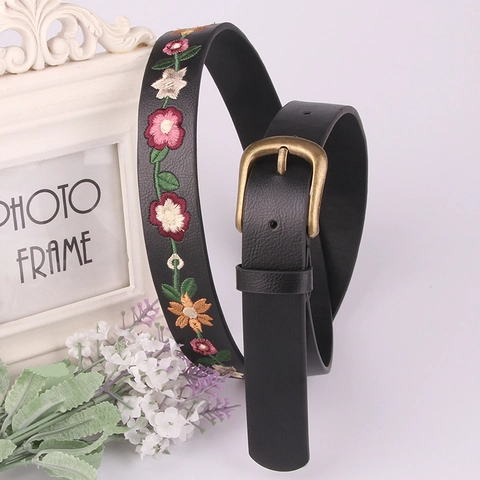Vintage Damen Gürtel Mit Blumenstickerei Kunstleder Mode Ethnisch Taillengürtel Mit Antik Bronze Dornschnalle Kleid Accessoire