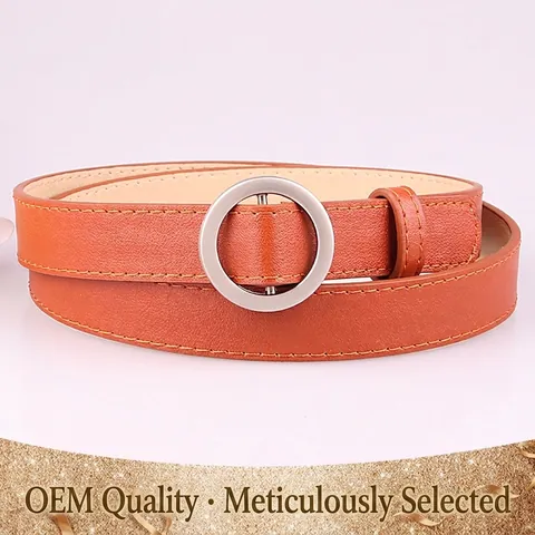 Women Fashion PU Leather Thin Belt Round Alloy Buckle Versatile Litchi Texture Pinless Waist Belt For Jeans Dress