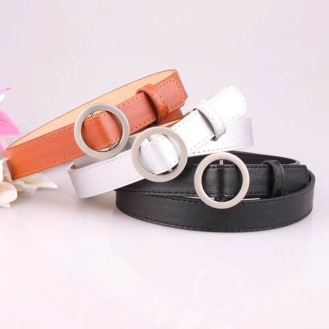 Women Fashion PU Leather Thin Belt Round Alloy Buckle Versatile Litchi Texture Pinless Waist Belt For Jeans Dress