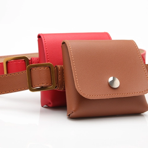 Women Vintage Artificial Leather Thin Belt And Mini Waist Bag Retro Alloy Square Buckle Decorative Waistband Lychee Texture