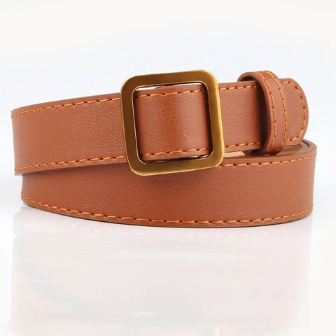 Nuova Cintura Sottile da Donna in Pelle Sintetica Minimalista Fibbia Quadrata Dorata in Lega Vintage Cinturino Versatile per Jeans Abiti