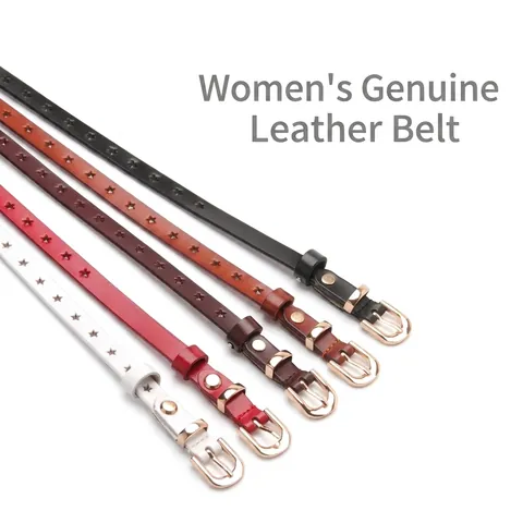 Cintura da Donna in Crostato di Cuoio Sottile in Vita Con Design Stella a Cinque Punte Cavo Fibbia ad Ardiglione in Lega