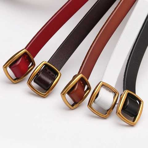 Cintura Sottile da Donna in Pelle di Vacchetta Secondo Strato Con Fibbia ad Ardiglione Quadrata in Lega Vintage Minimalista