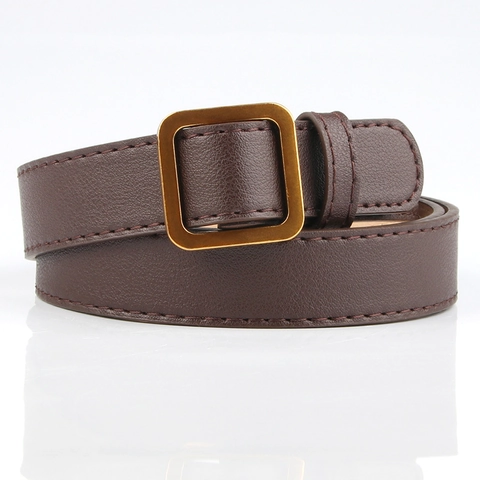 Women Vintage PU Leather Belt With Gold Square Alloy Buckle Minimalist Solid Color Waist Strap For Jeans Dresses Casual