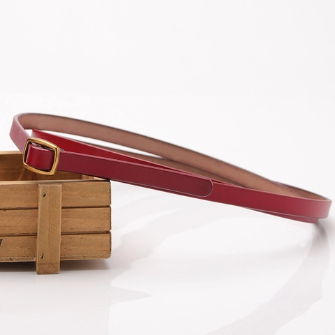 Women's Genuine Leather Thin Belt With Gold Alloy Square Buckle Minimalist Elegant Waist Belt For Dresses Jeans Pants